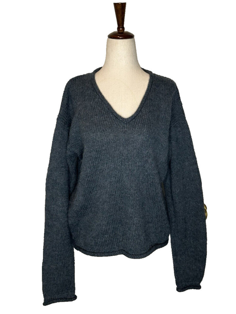 American South Side Sweater Women M Teal Alpaca Wool Blend Peru Knit V Neck Boxy